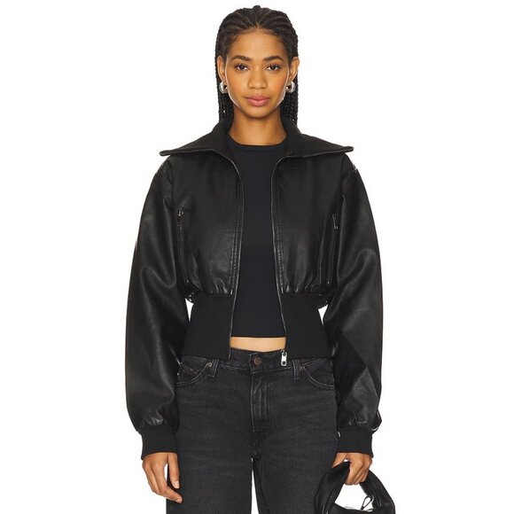 LIONESS Westwood Crop Jacket in Onyx Faux Leather - Picture 1 of 4